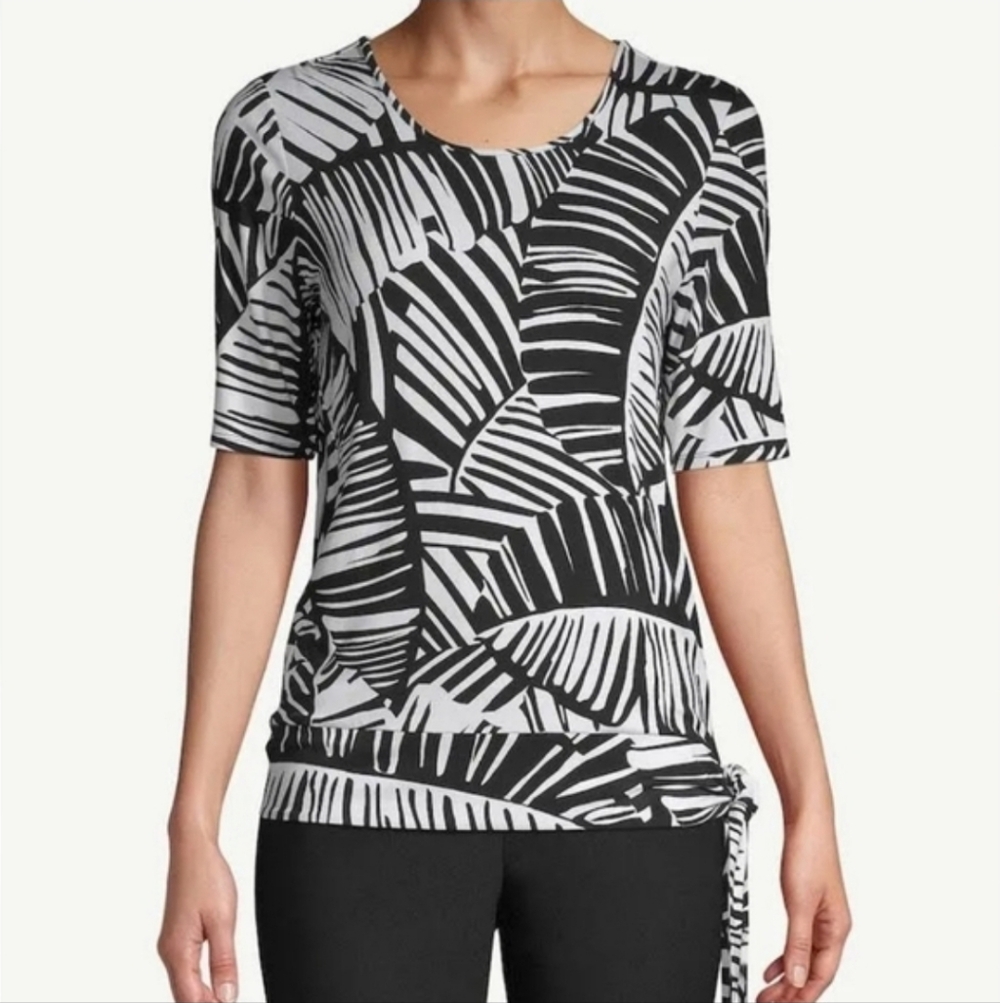 Chico's Knit Top Palm Print Topper Black White Side Tie Short Sleeve Pullover L